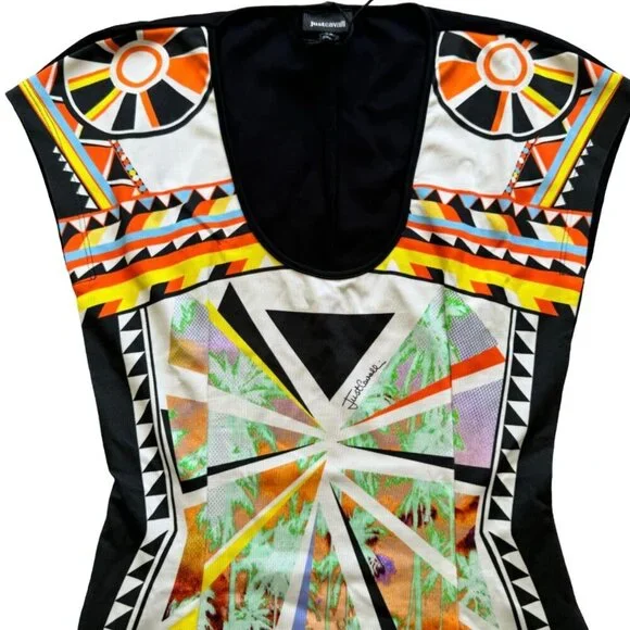NWT Just Cavalli Bodycon Graphic Print Palm Tree Knee Length Dress Size 42 - Picture 2 of 13